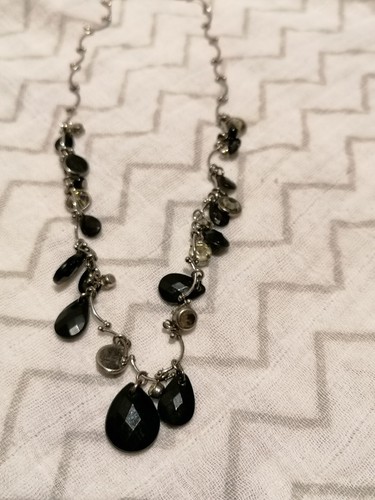 Next Statement Necklace Silver Tone with Black Beads & Faux Rhinestones – 15.5"