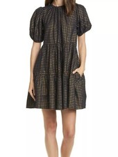 ULLA JOHNSON Midnight Navy Gold Dion Babydoll Dress 2 RARE