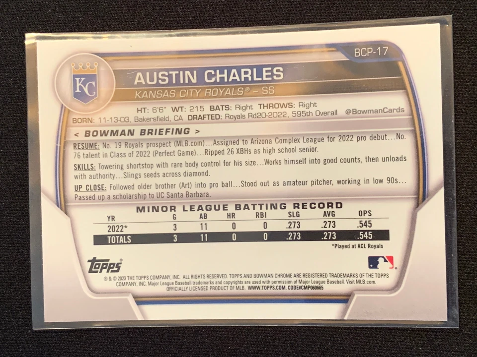 2023 Bowman Baseball Chrome  Prospects 1st #BCP-17 Austin Charles - Image 2 of 2