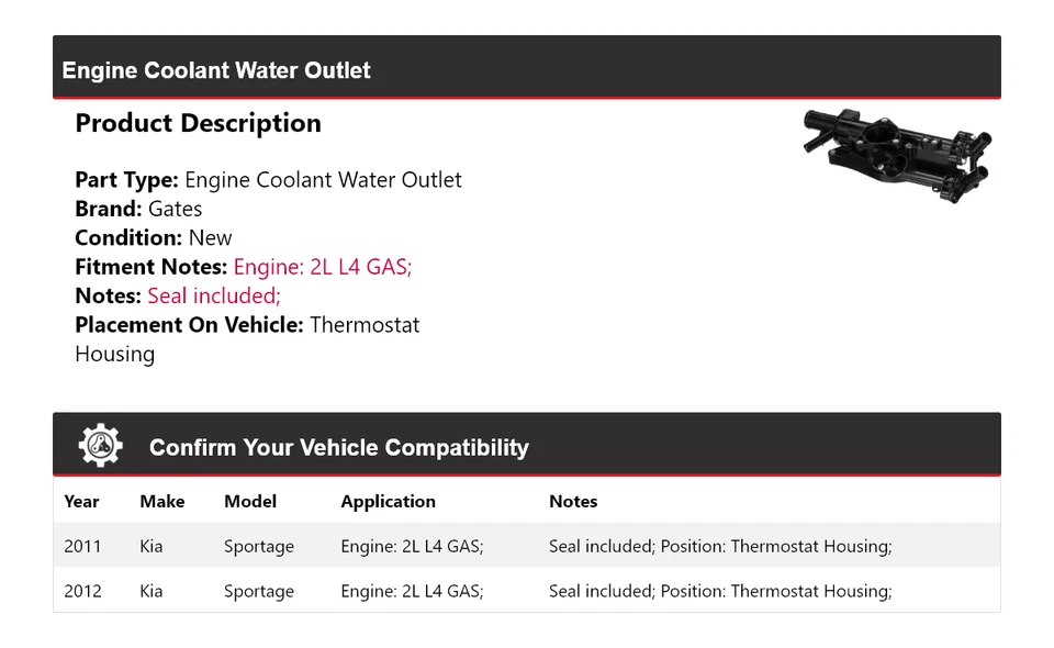 For 2011-2012 Kia Sportage Engine Coolant Water Outlet Thermostat Housing Gates - Image 2 of 4