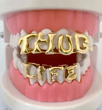 Halloween Pimp Costume THUG LIFE Hip Hop 14K Gold GP Teeth Grillz Set w Mold Kit