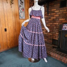 Vtg 70s Homespun Calico Hippie Cottagecore Prairie Woodstock Maxi Gown Dress XS