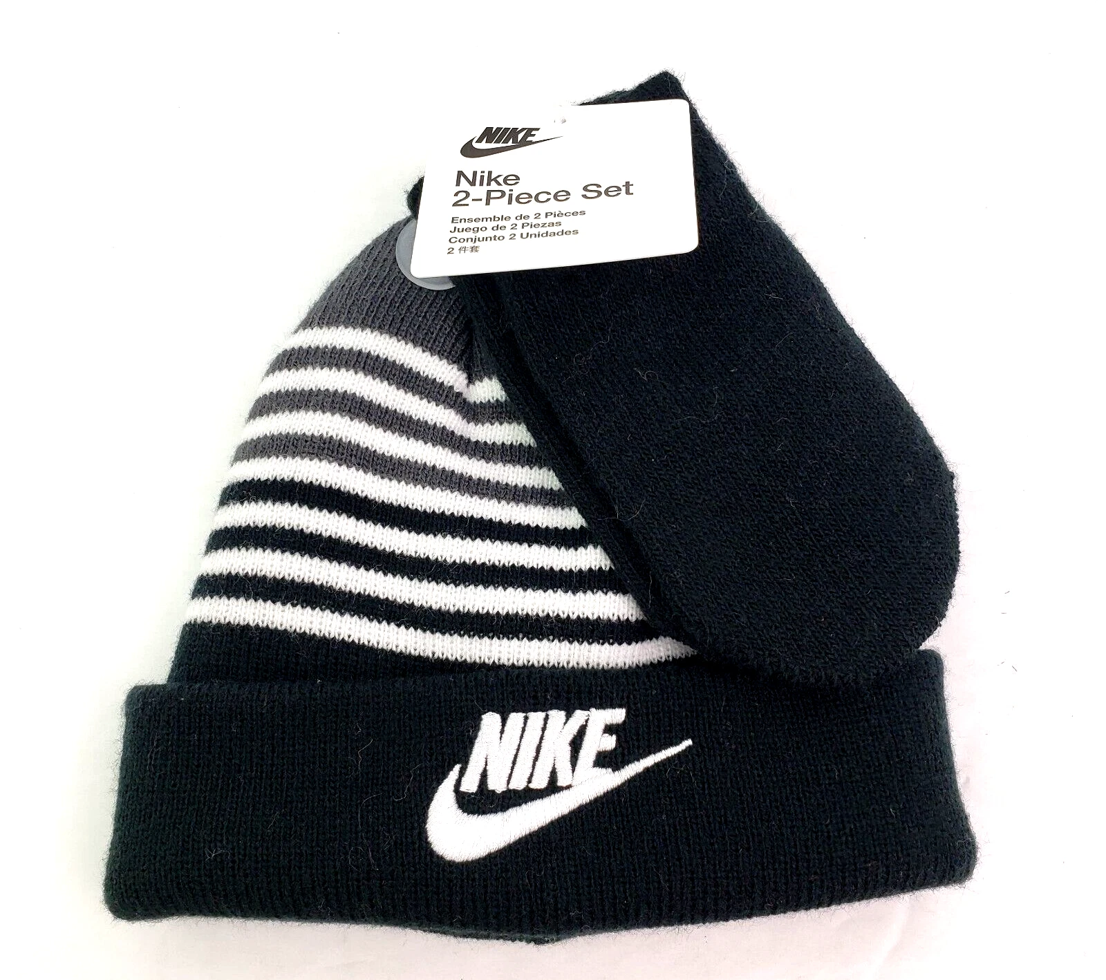 Nike Baby Infant Size 12-24 Months Black Winter Knit Beanie Hat Mittens 2 Pc Set