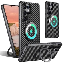 Magnetic Carbon Fiber Skin Stand Leather Case For Samsung S25 S24 S23 S22 Ultra+