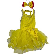 Weissman Yellow Rhinestone Sequin Tulle Dance Costume Dress  Hair Bow sz XS C