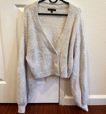 Kendall & Kylie Fuzzy Gray V-Neck Button-Front Cardigan Sweater Womens L
