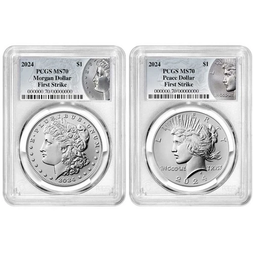 2024 $1 Morgan and Peace Silver Dollar 2pc Set PCGS MS70 FS Morgan & Peace