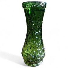 VTG Tall Green Embossed Foxtails Oak Leaf Rustic Textured Glass Vase  16"  HEAVY