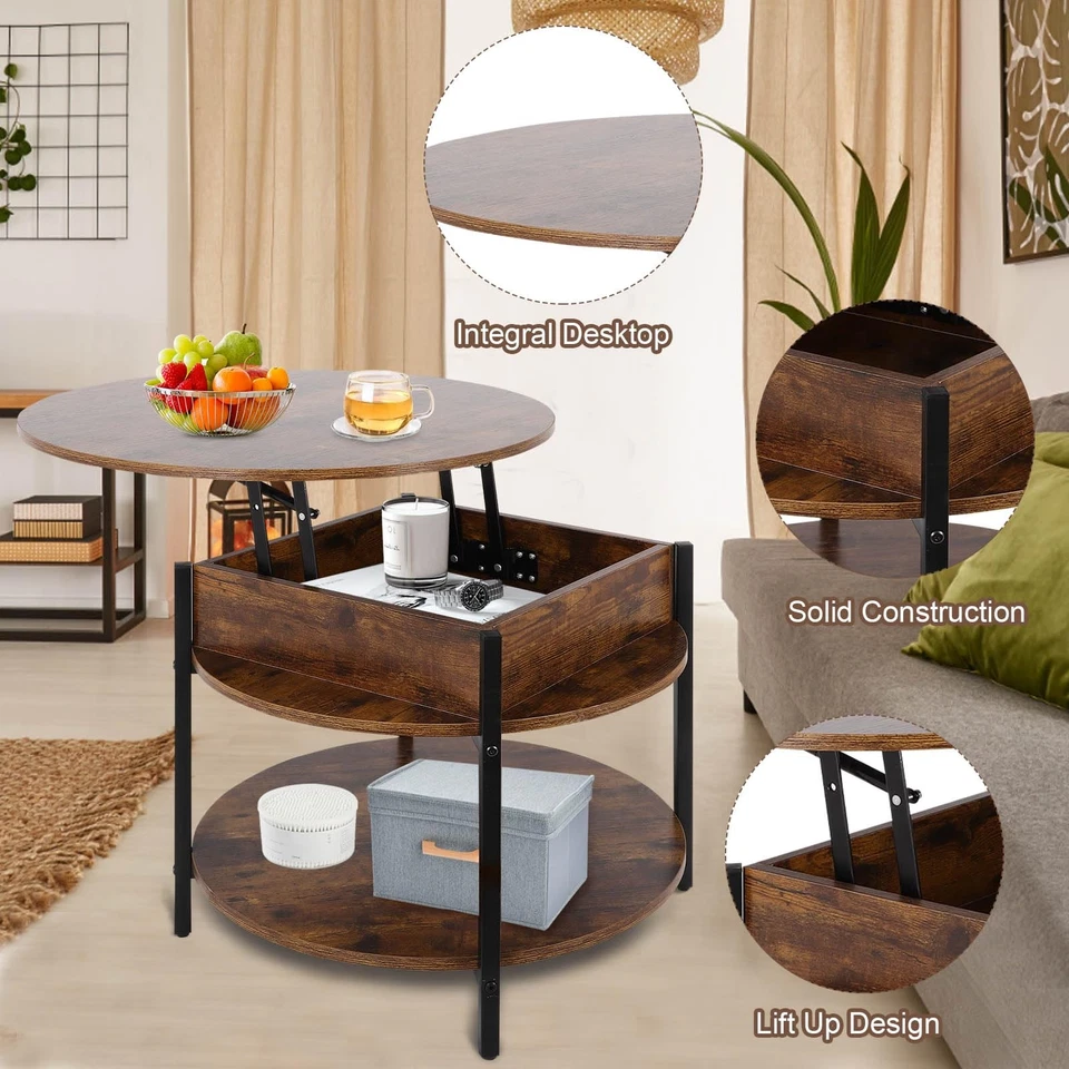 Round Lift Top Coffee Table with Storage & Hidden Compartment, 26.77" Two Tie... - Image 3 of 4