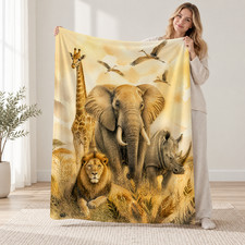 Elephant Giraffe Lion Rhino Savanna Coral Fleece Blanket Watercolor