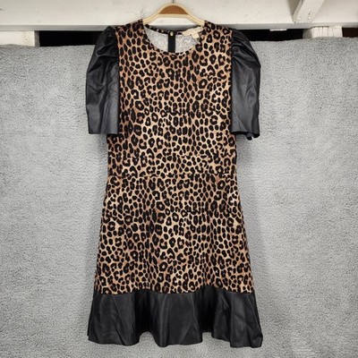 MICHAEL KORS Leopard Print Faux Leather Sleeve Fit Flare Dress Women's  Medium | eBay