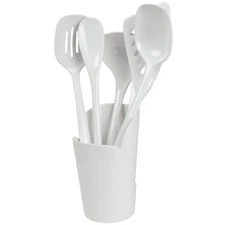 Hutzler Utensils Crock Set Melamine White Ladle Spoon Turner Kitchen Tools 6-Set