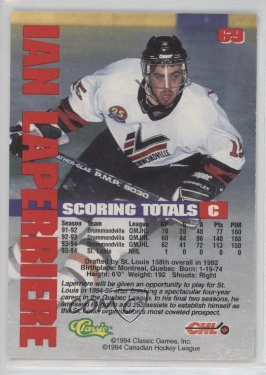 1994-95 Classic Ian Laperriere #69 Rookie RC - Image 2 of 2