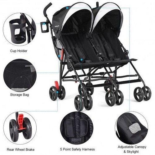 Foldable Twin Baby Double Stroller Ultralight Umbrella Kids Stroller-Black - Col - Picture 5 of 5