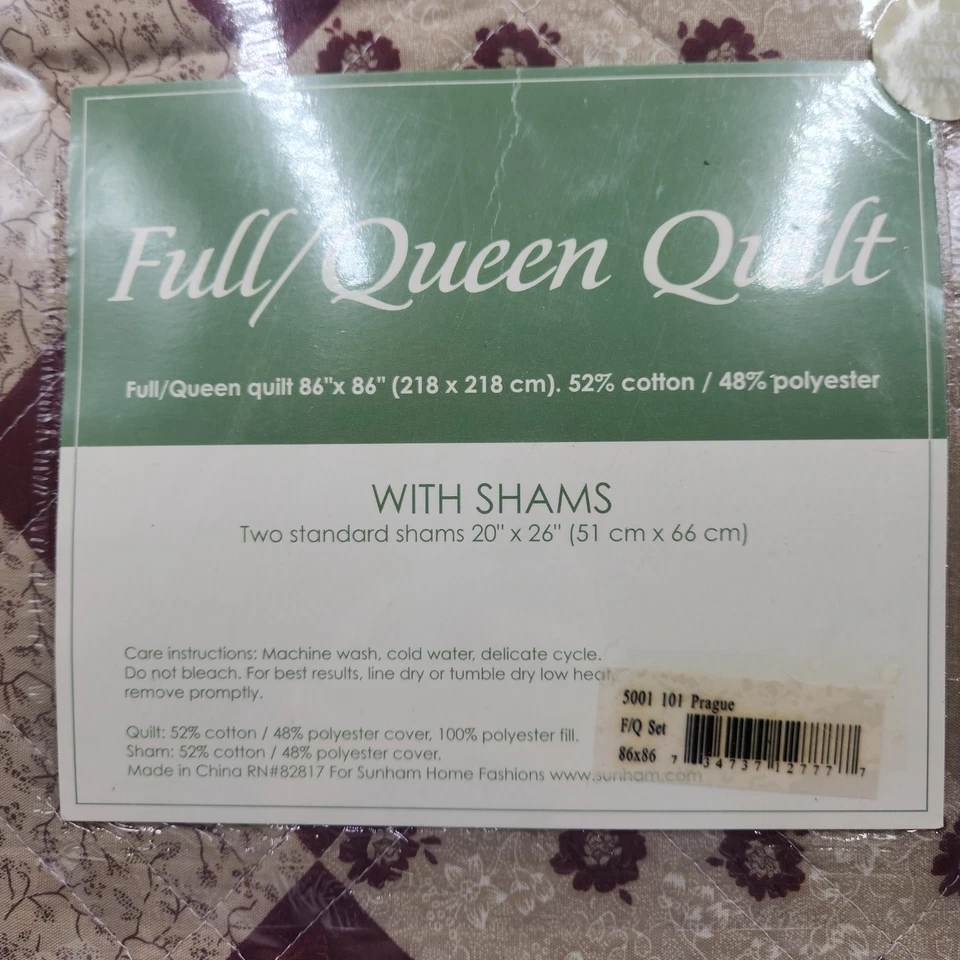 Full/Queen Quilt 86*86 With 2 Shams Burgundy/Tan Sunham Home Fashions Prague - Image 2 of 4