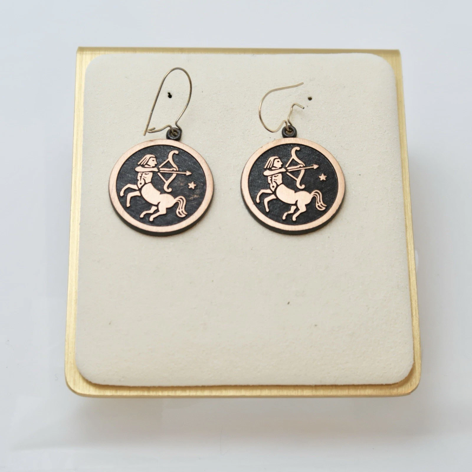 Solid Copper Centaur Sagittarius Bow Arrow Round Vintage Earring Jewelry E63