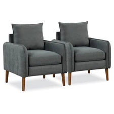 2PCS Modern Accent Chair Upholstered Mid-Century Armchair w/ Rubber Wood Legs