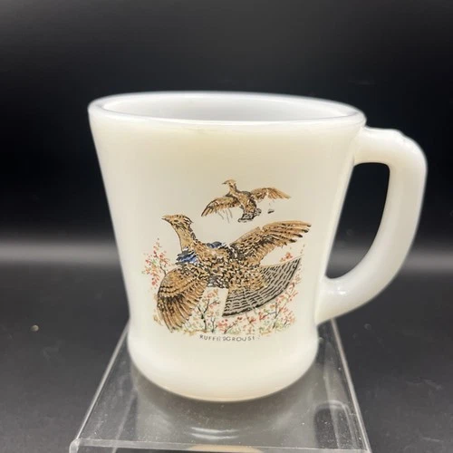 Vintage FIRE KING White Milk Glass "Ruffed Grouse" Bird  D-Handle Coffee Mug