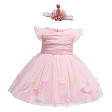 Baby Flower Girl Dress Infant/Toddler 12-15 Months Pink-2pcs Dress  Headband