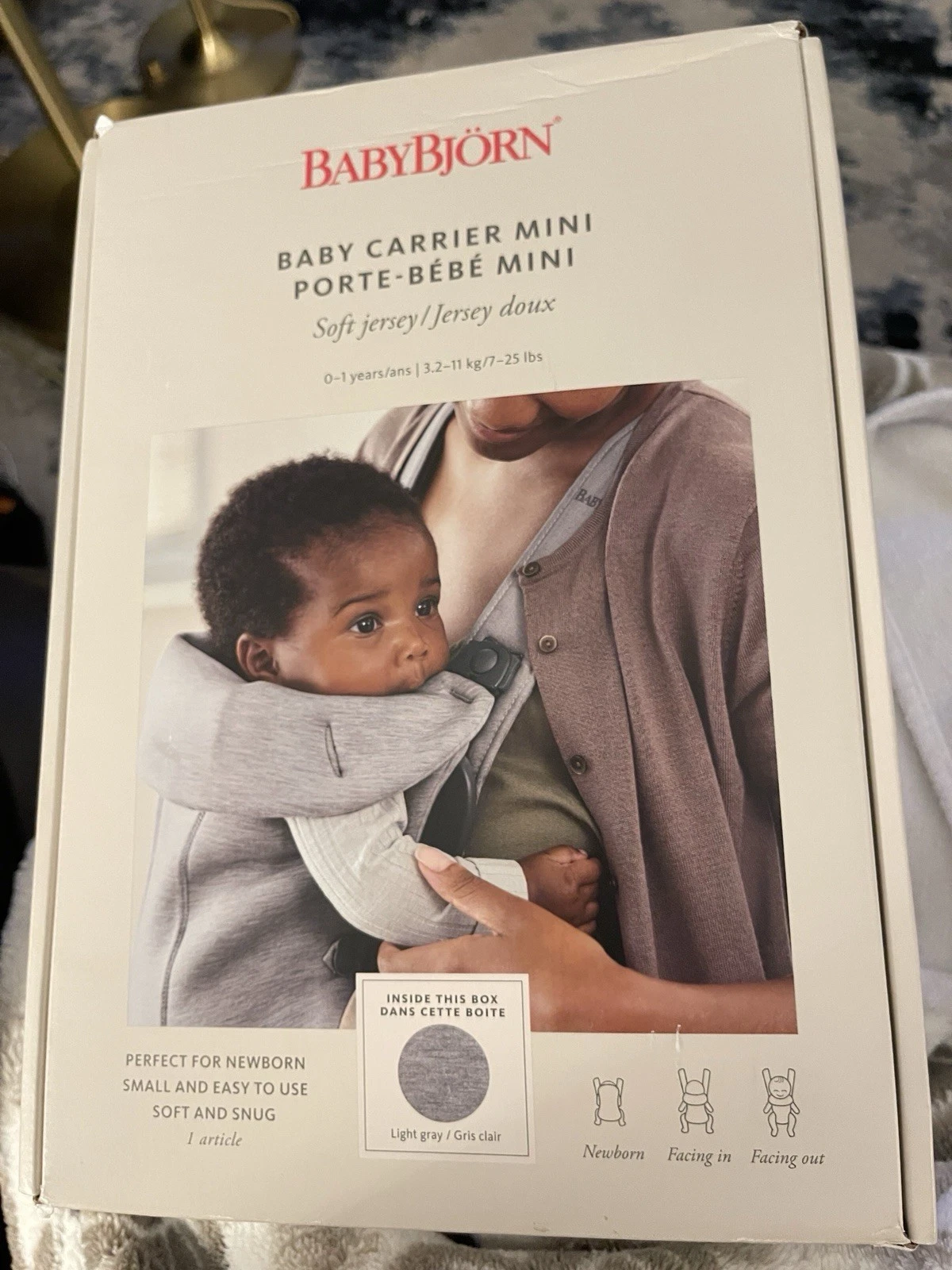 New in Box Baby Bjorn Baby Carrier Mini Jersey Light Gray 0-1 Years 7-25 lbs