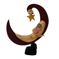 Crescent Moon Shaped Santa Face Folk Art Christmas Primitive Rustic Shelf Decor
