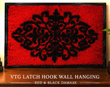 VTG 1970s Latch Hook Wall Hanging Red Black Damask Textile Fiber Art 29.5 Gothic