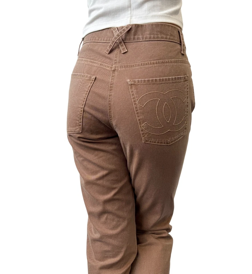 CHANEL Vintage 06P CC Mark Logo Cotton Denim Pants #36 Brown White Stitch Poket - Image 4 of 4