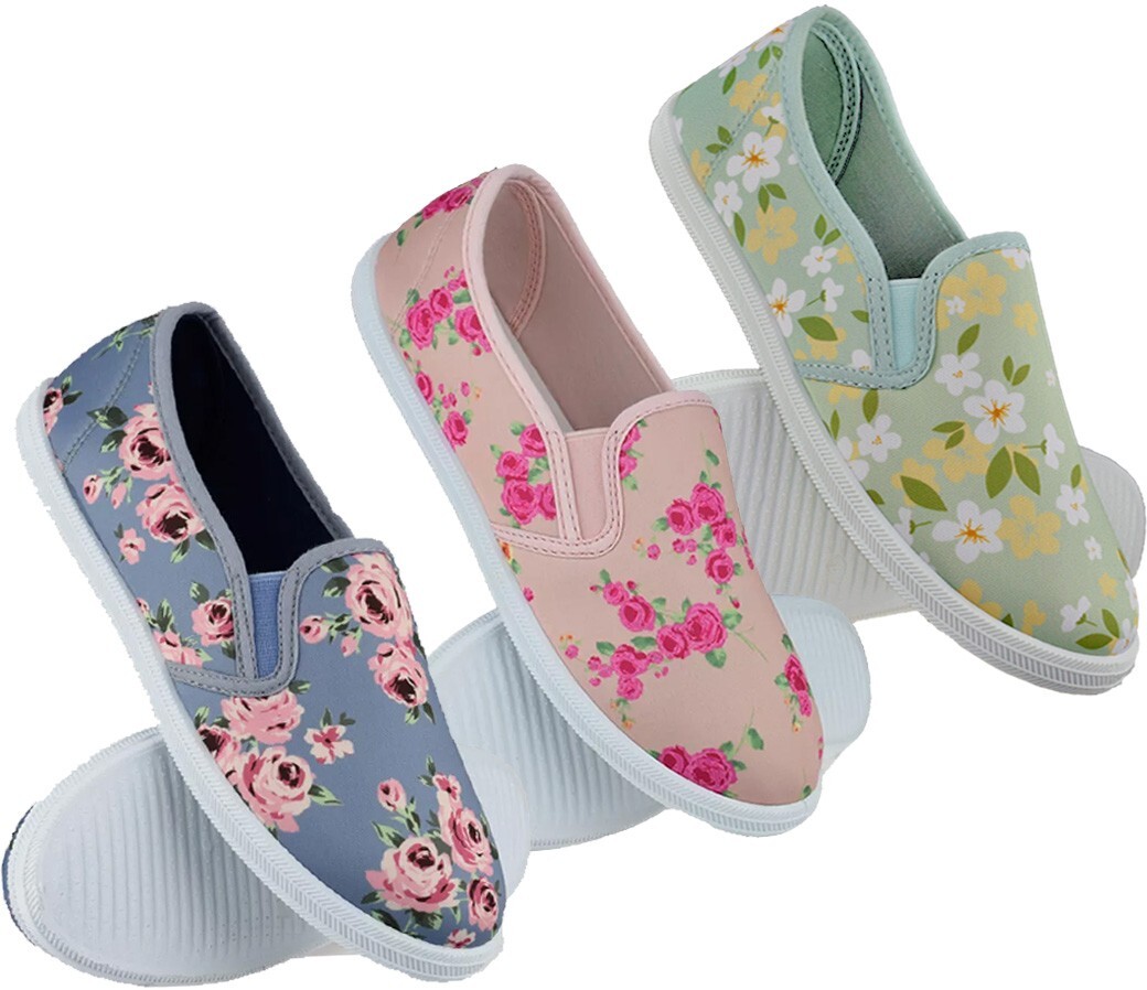 Ladies Slip On Canvas Summer Beach Shoes Flat Walking Plimsolls Pumps  Trainers