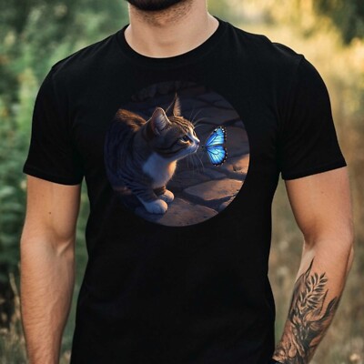 Mens Cat Butterfly Print Cotton T-Shirt Size XS to 5XL