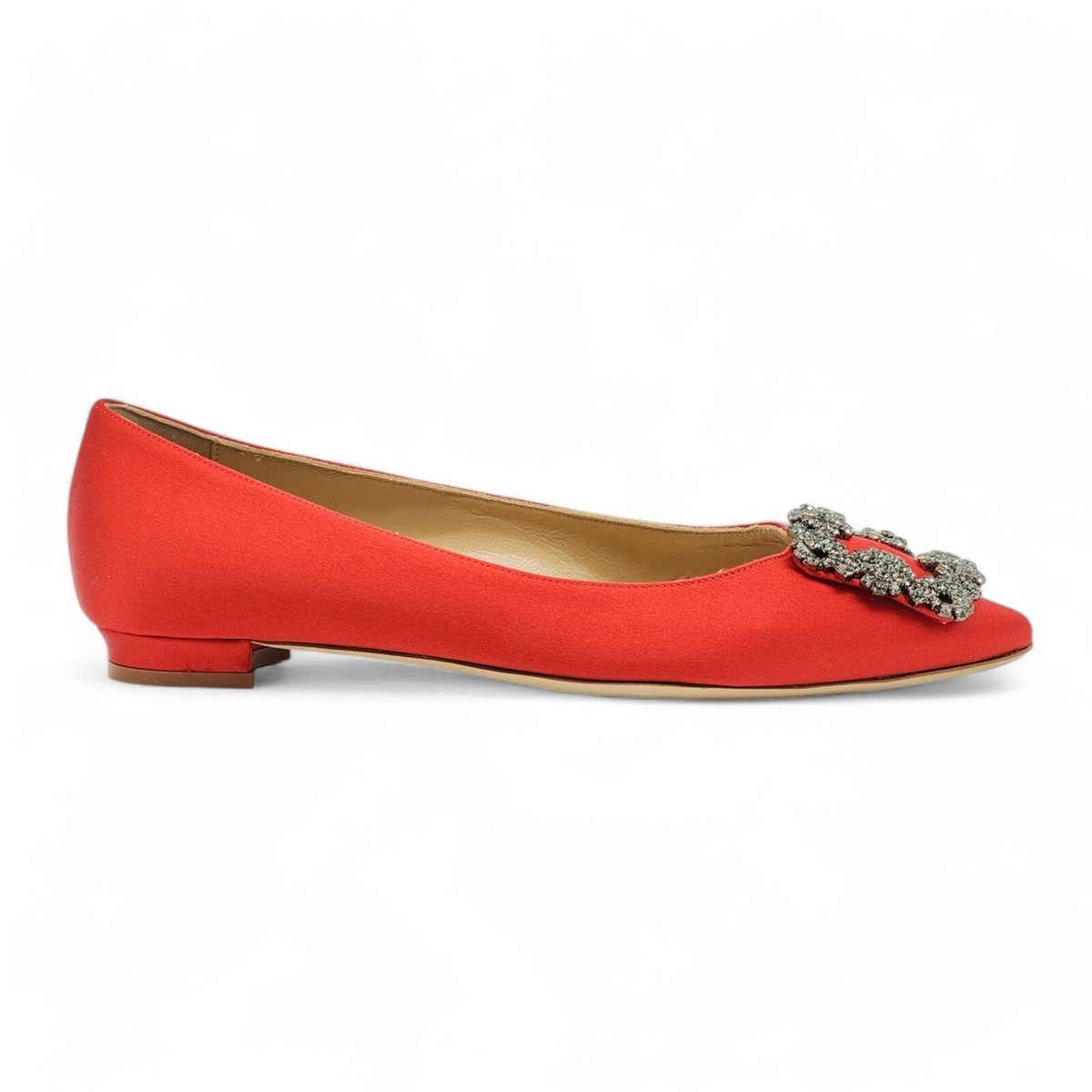 Manolo Blahnik Hangisiflat Jewel Buckle Flats Pumps Red EU 35 US