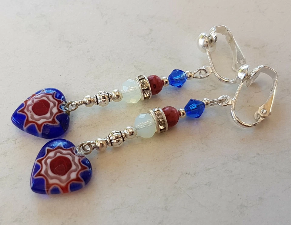 OHRCLIPS CLIPS VERSILBERT MILLEFIORI HERZEN PERLEN KORALLEN STRASS - Bild 2 von 2