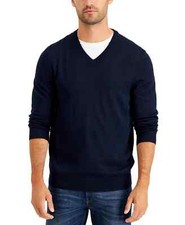 Club Room Men's Solid V-Neck Merino Wool Blend Sweater Navy Blue