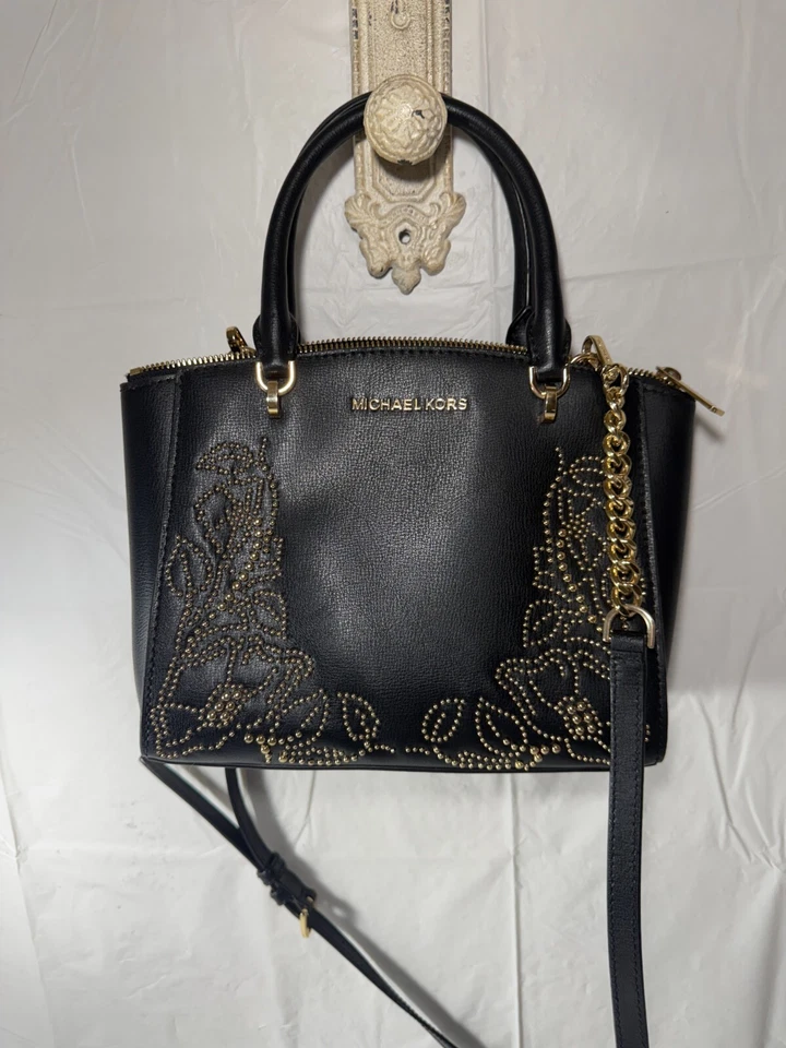 Michael Kors Ellis Satchel Black Leather w/Gold Stud FLORAL Design Handbag - Image 2 of 4