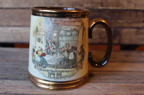 vintage GIBSONS Staffordshire gold rim Charles Dickens Pickwick Papers scene mug