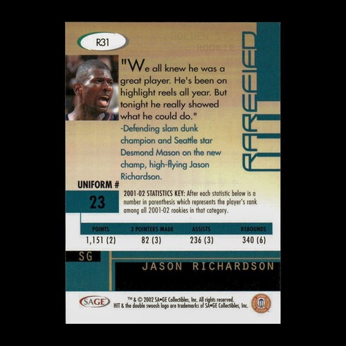 Richard Jefferson 2002-03 Sage Rookie Golden State Warriors #R31 R331G 73 - Picture 2 of 2