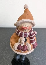 Blossom Bucket SUZI Skoglund Signed - Snowman Holding a Puppy -Hard To Find