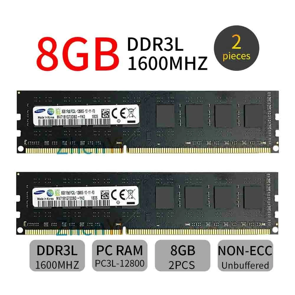 32GB 16GB 8GB 4GB DDR3L PC3L-12800U 1600MHz DIMM Memory SDRAM Samsung Lot Black - Image 3 of 4