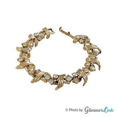 Vintage 1960s Aurora Borealis AB Rhinestone Floral Gold Tone Bracelet