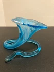 Vtg Hand Blown Art Glass Murano Style Blue Lily 5" Trumpet Vase Coil Twist Decor