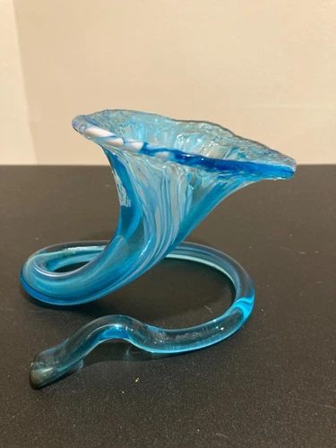 Vtg Hand Blown Art Glass Murano Style Blue Lily 5" Trumpet Vase Coil Twist Decor