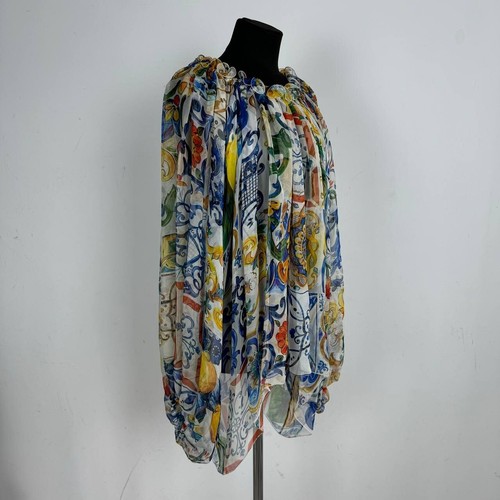 Dolce & Gabbana White Majolica Printed Silk Neck Tie Detail Top Blouse Size L - Picture 2 of 7