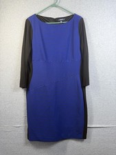 Chaps Dress Womens 16 Blue Black Striped 3/4 Sleeve Knit Sheath Career Workwear