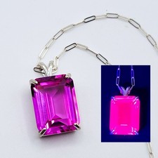 Sterling UV Hot Pink Sapphire Necklace Large 27ct Emerald Cut Pendant 925 Silver