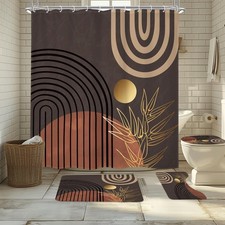 Abstract Boho Modern Brown Gray 4Pcs Bathroom Shower Curtain Set with Rugs