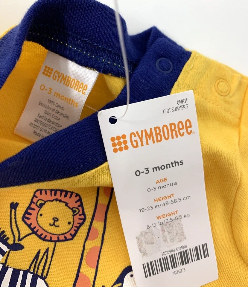 NUEVO CON ETIQUETAS Gymboree Niños 0-3 Meses Lote de 2 Camisas Rayas y Animales de Safari Amarillas Foto 4 de 4