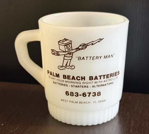 VTG Fire King Palm Beach Batteries "Battery Man" Milk Glass Mug Cup Advertising