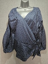 Image of Boohoo Black Polka Dot Wrap Top UK 22 Tie Waist Blouse Long Sleeve Plus Size