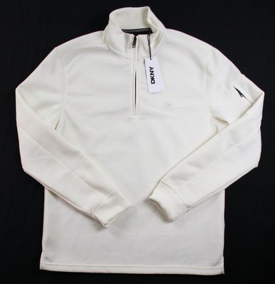 DKNY Mens M 1/4 Zip Pullover Shirt Regular Fit Long Sleeve Mock Neck Cream $79