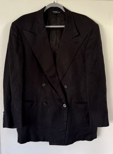 Polo Ralph Lauren, Polo By Ralph Lauren Suit Jacket 41L 80s Vintage Linen Black Double Breasted USA