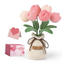 Hand-Crocheted Tulip Potted Plant with Premium Gift Box, Unique Hand Pink